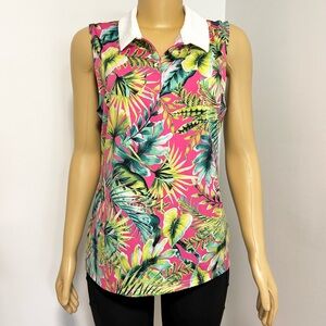 Tommy Bahama Pink and Green Tropical Sleeveless collared Athletic Golf Blouse XL